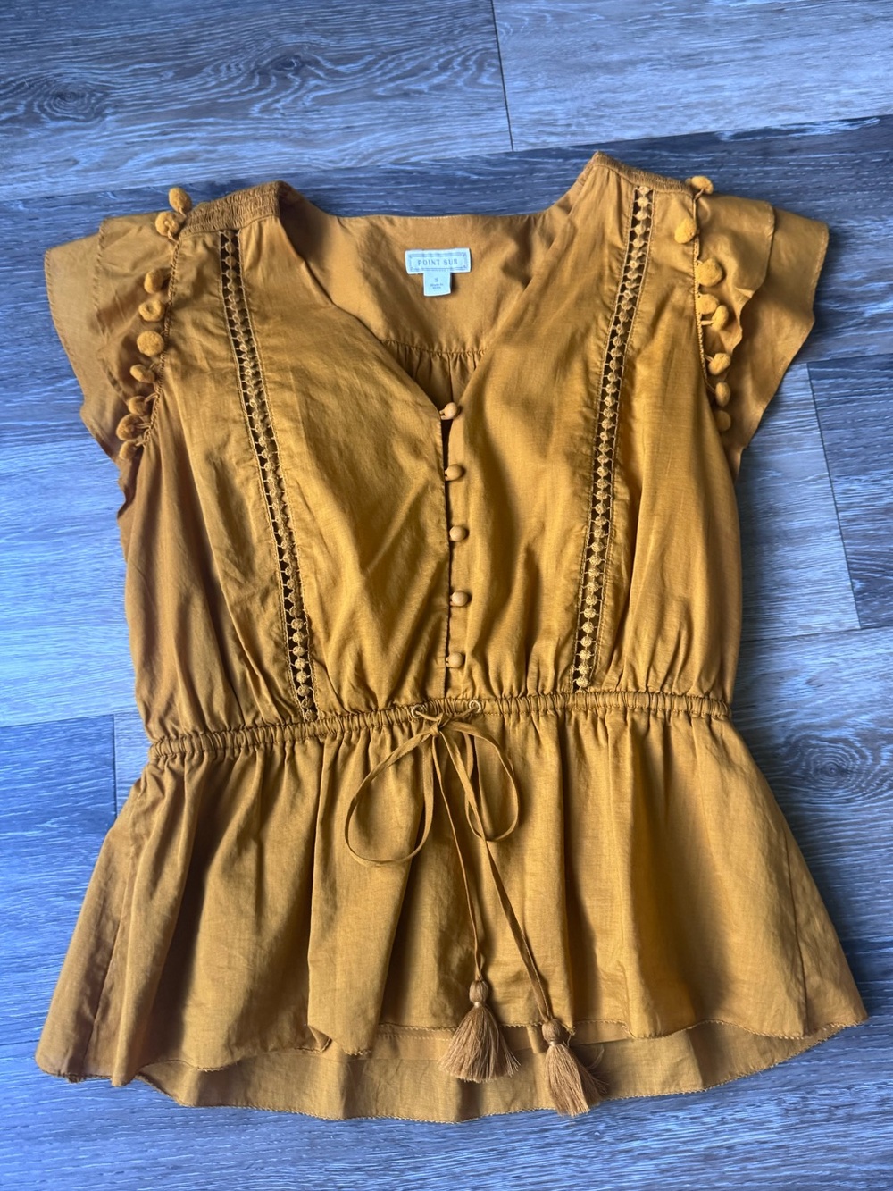 J. Crew Point Sur Mustard Ruffle-Sleeve Button Front Peplum Top